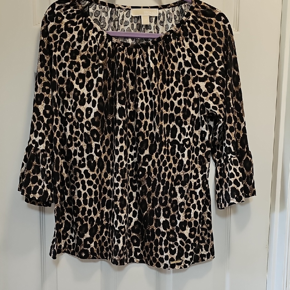 Michael Kors Black and Tan Ruffled Blouse